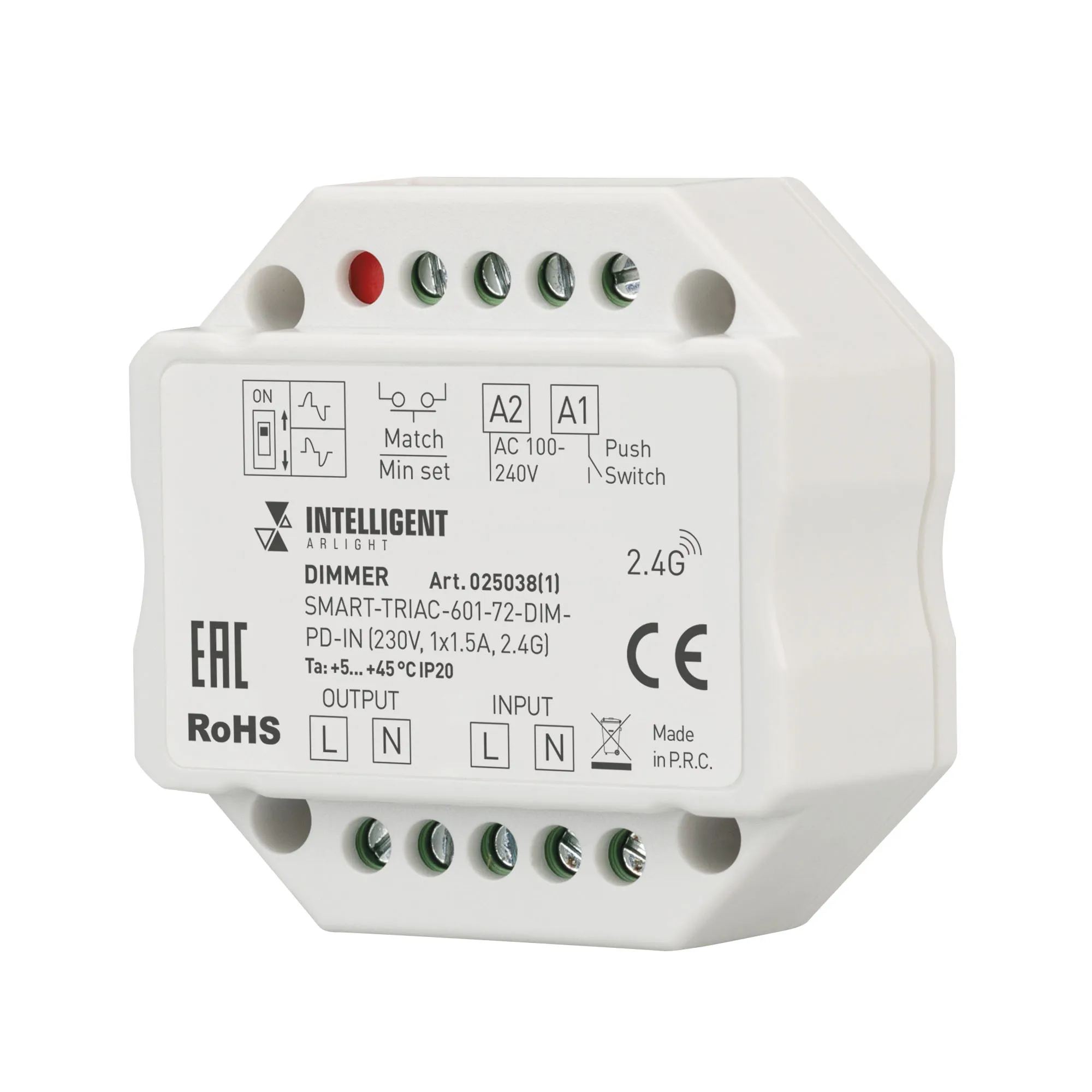 INTELLIGENT ARLIGHT Диммер SMART-TRIAC-601-72-DIM-PD-IN (230V, 1x1.5A, 2.4G) (IARL, IP20 Пластик, 5 лет)