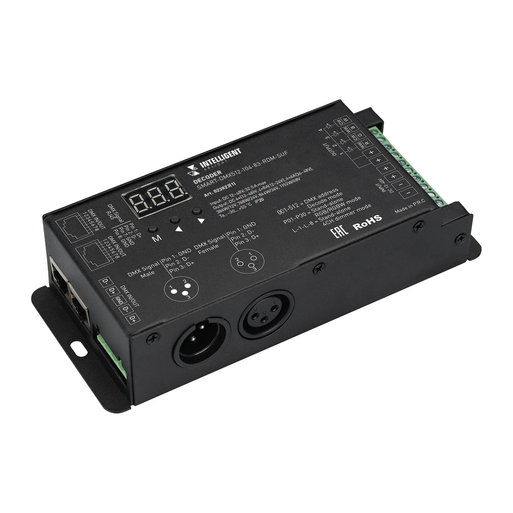 INTELLIGENT ARLIGHT Декодер SMART-DMX512-104-83-RDM-SUF (12-48V, 4x8A, XLR3/RJ45) (IARL, IP20 Металл, 5 лет) - изображение товара